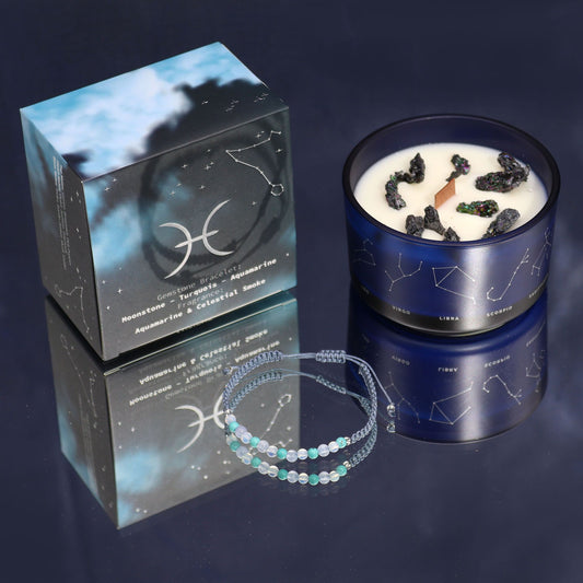 Zodiac Crystal Candle with Gemstone Bracelet - Pisces, featuring a soothing Aquamarine scent, perfect for creating a calming atmosphere. Ideal as a Christmas gift for home fragrance.