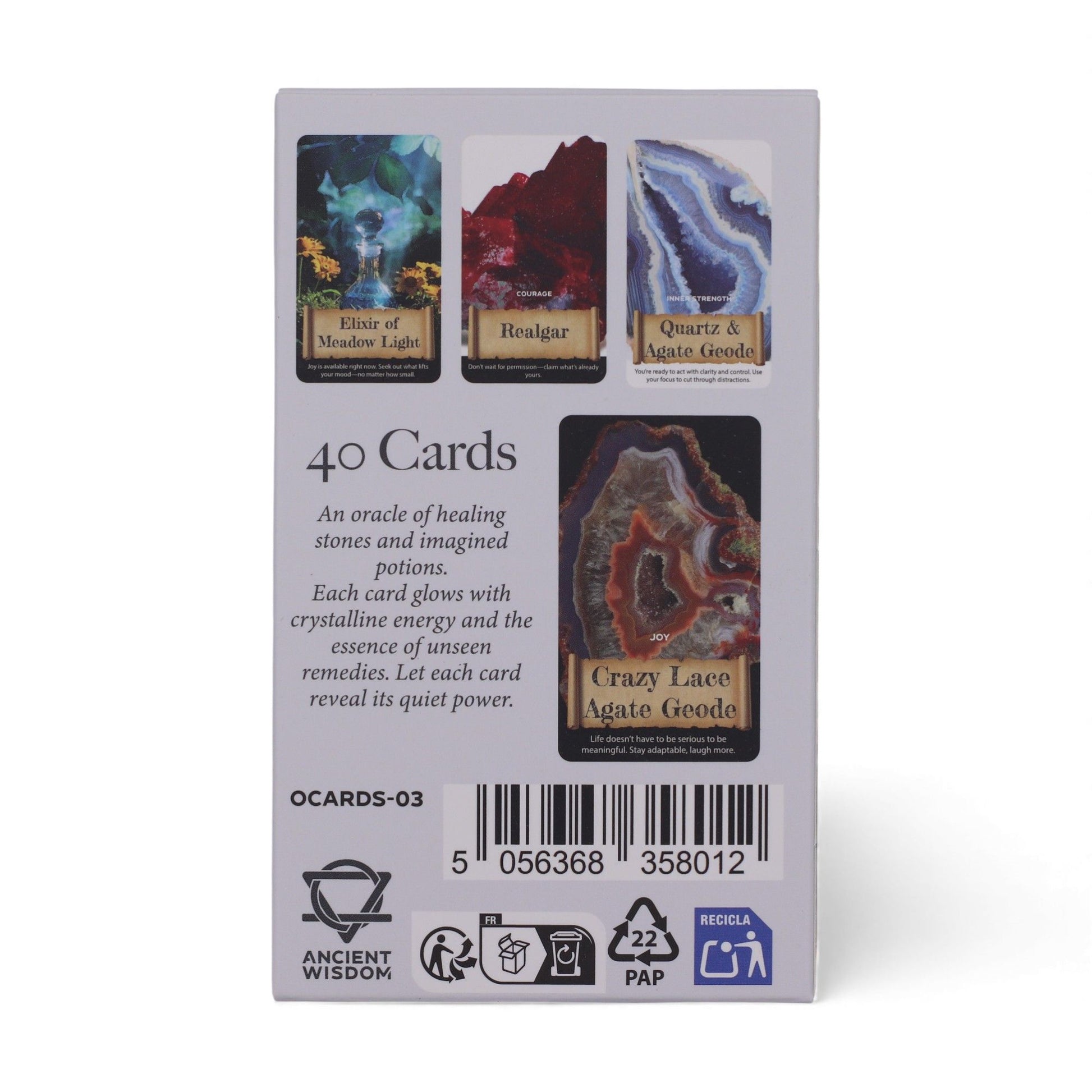 The back of Crystals & Elixirs Oracle Cards, showcasing various healing stones and their corresponding names; a great choice for anyone seeking a thoughtful Christmas gift home fragrance.