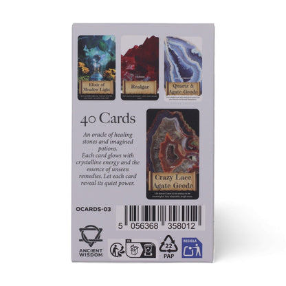 The back of Crystals & Elixirs Oracle Cards, showcasing various healing stones and their corresponding names; a great choice for anyone seeking a thoughtful Christmas gift home fragrance.