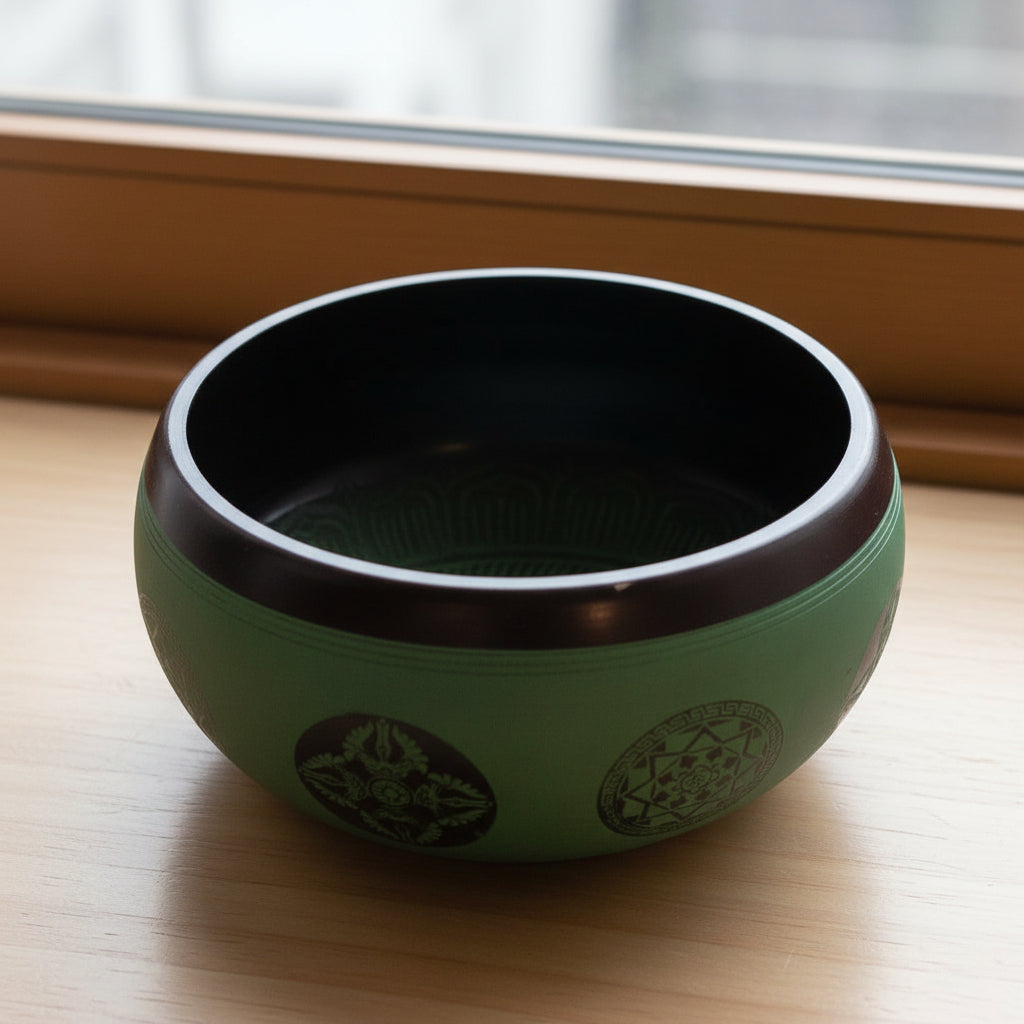 Handcrafted Earth Powder Singing Bowl - 16cm Mandala Buddha, showcasing the intricate green interior design. This beautifully crafted bowl is perfect as a Christmas gift home fragrance accessory.