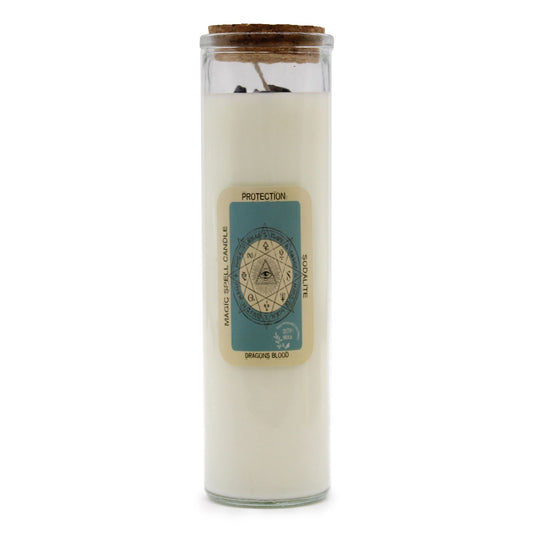 Sodalite & Dragon's Blood Candle - Protection & Wellness displayed in a glass holder, showcasing its enchanting design. This beautifully crafted candle, with scents of Dragon's Blood, is the perfect Christmas gift for home fragrance enthusiasts.