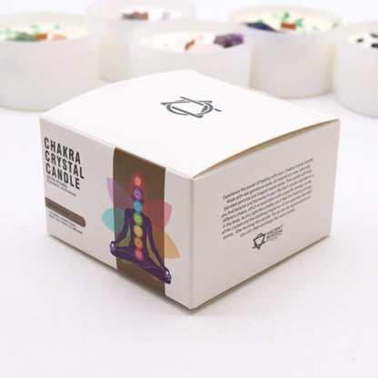 Box packaging of the Large Chakra Gemstone Candle - Moon Beams Scent & Light, illustrating chakra healing design, a thoughtful Christmas gift for home fragrance enthusiasts.