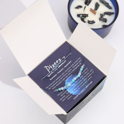 Inside view of the Zodiac Crystal Candle with Gemstone Bracelet - Pisces packaging, showcasing the gemstone bracelet. The Aquamarine scent enhances meditation and makes it a unique Christmas gift for home fragrance.