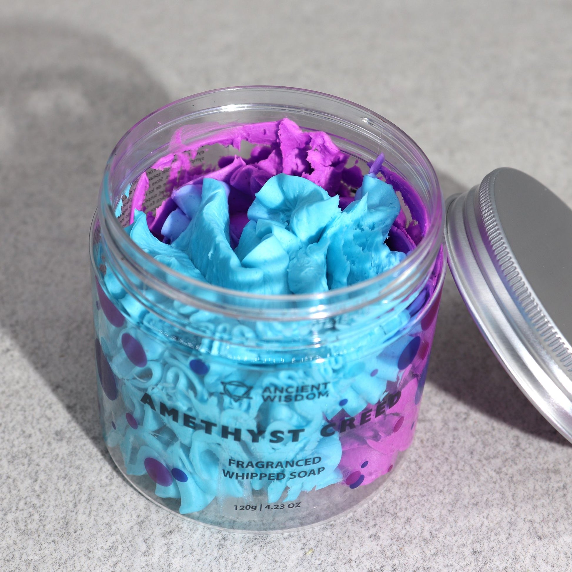 Amethyst Creed Whipped Soap 120g – Luxurious Masculine Cleansing featuring a partially opened jar revealing the rich blue and purple whipped soap, a great choice for a Christmas gift home fragrance.