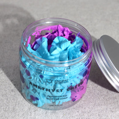 Amethyst Creed Whipped Soap 120g – Luxurious Masculine Cleansing featuring a partially opened jar revealing the rich blue and purple whipped soap, a great choice for a Christmas gift home fragrance.