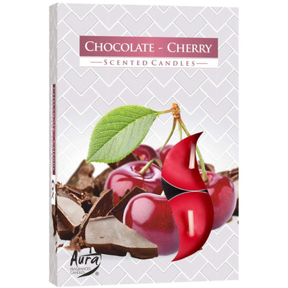Scented Tealight Candles Set of 6 - Chocolate & Sour Cherry, beautifully packaged with cherries and chocolate visuals, perfect for creating a warm ambience. Ideal for Christmas Gift Home Fragrance.