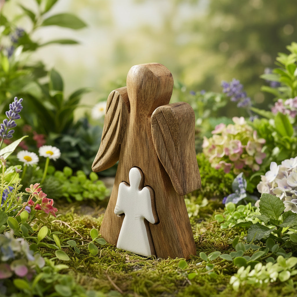 Mango Wood Angel Figurine with White Enamel - 15cm Gift showcasing a beautifully crafted angel from the back, perfect for enhancing your festive décor. This charming product is ideal as a Christmas Gift Home Fragrance.