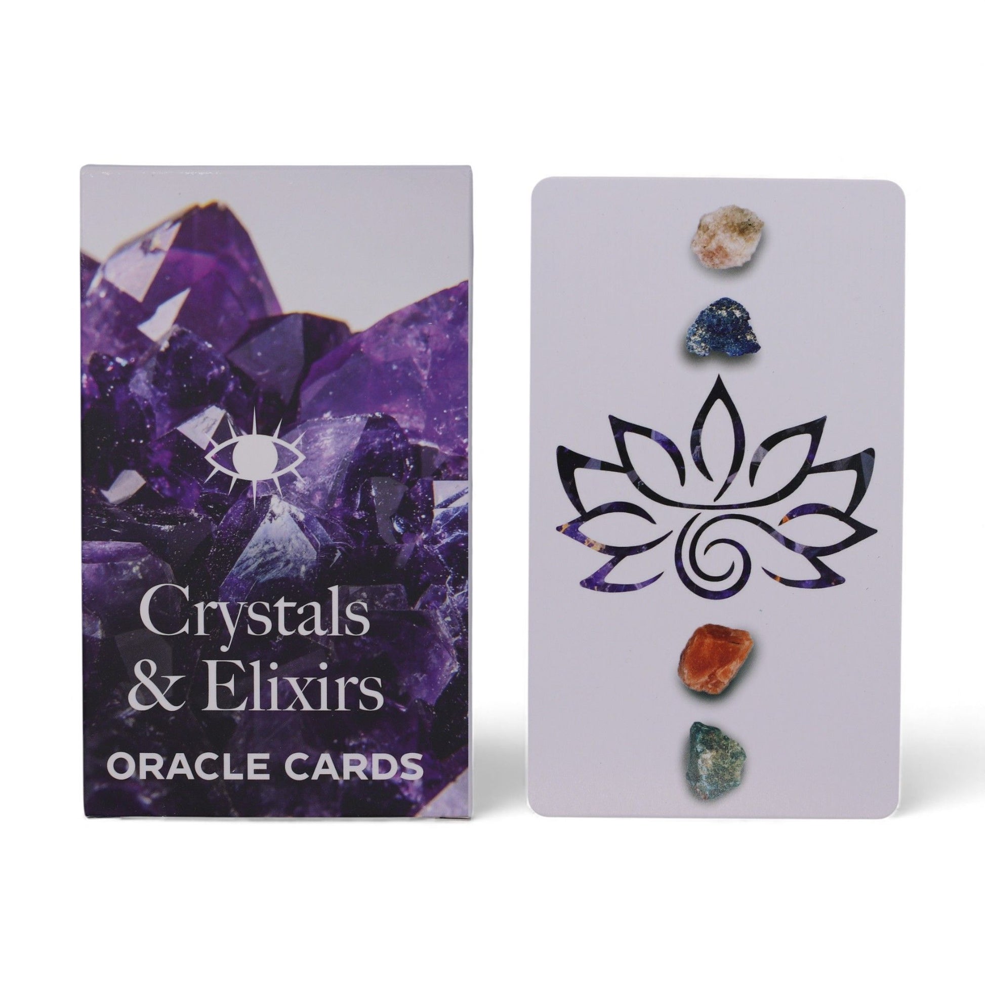 Crystals & Elixirs Oracle Cards with a lotus design and an arrangement of vibrant gemstones; this deck makes an enchanting Christmas gift home fragrance for spiritual growth.