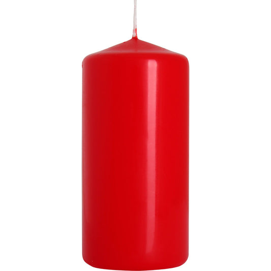 A vibrant Red Pillar Candle measuring 50mm x 100mm, showcasing its glossy finish. This cozy candle promises a 20-hour burn time, making it a perfect choice for festive dÃ©cor or as a thoughtful Christmas gift in home fragrance.
