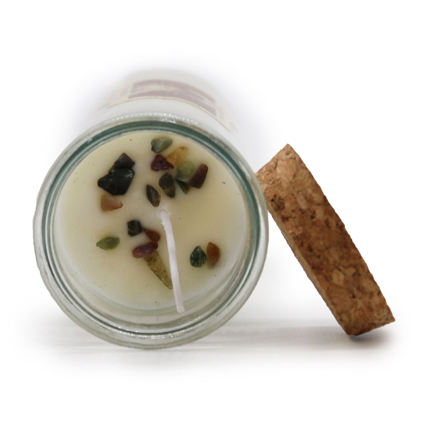 Top view of the Friendship Candle showcasing embedded Moss Agate gemstones, exuding the Velvet Moon Scent, a great option for a Christmas Gift Home Fragrance.