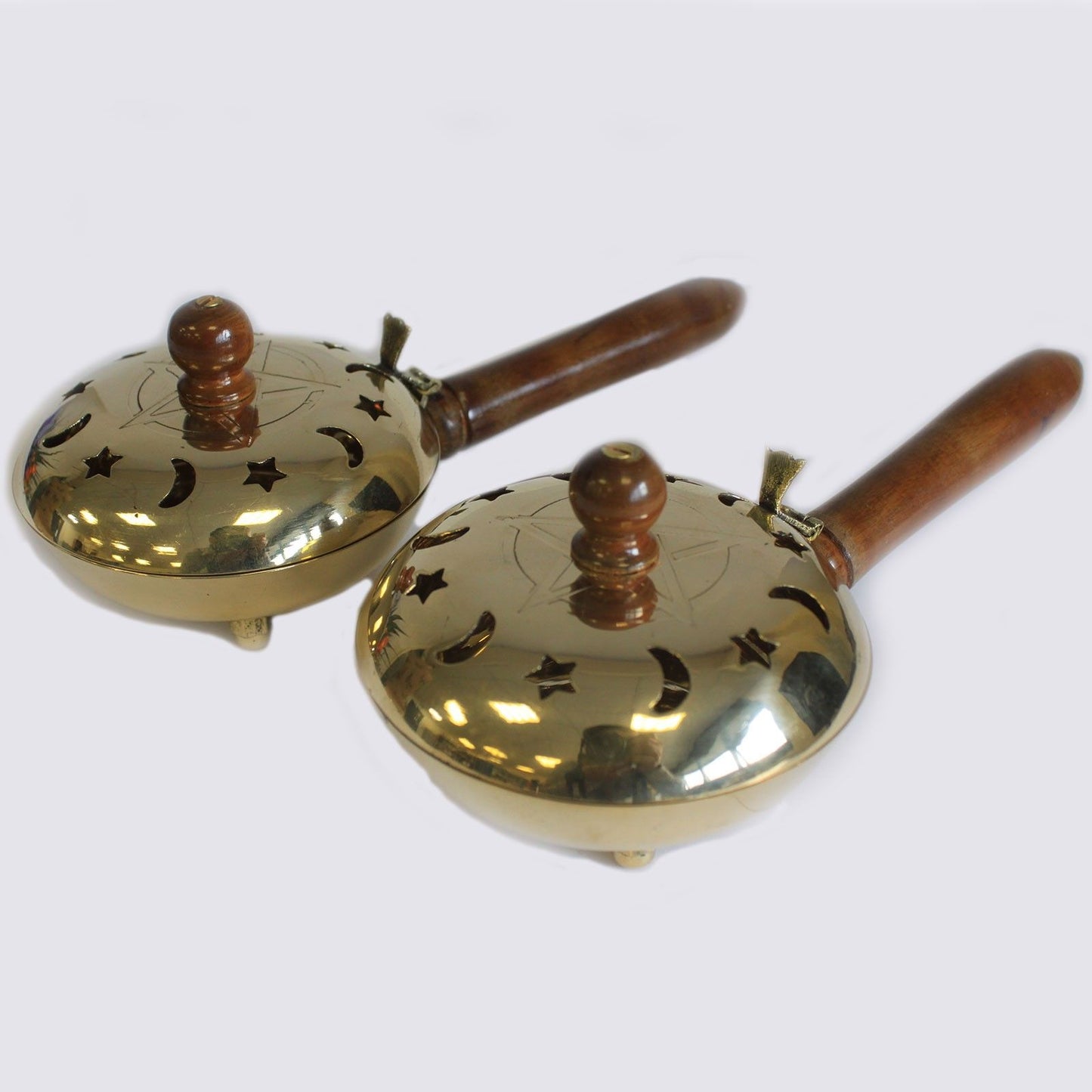 Pair of Brass Pentagram Incense Butlers with Wooden Handles, highlighting their durable construction and mystical design. Perfect for aromatic rituals and creating a serene atmosphere – Christmas Gift Home Fragrance