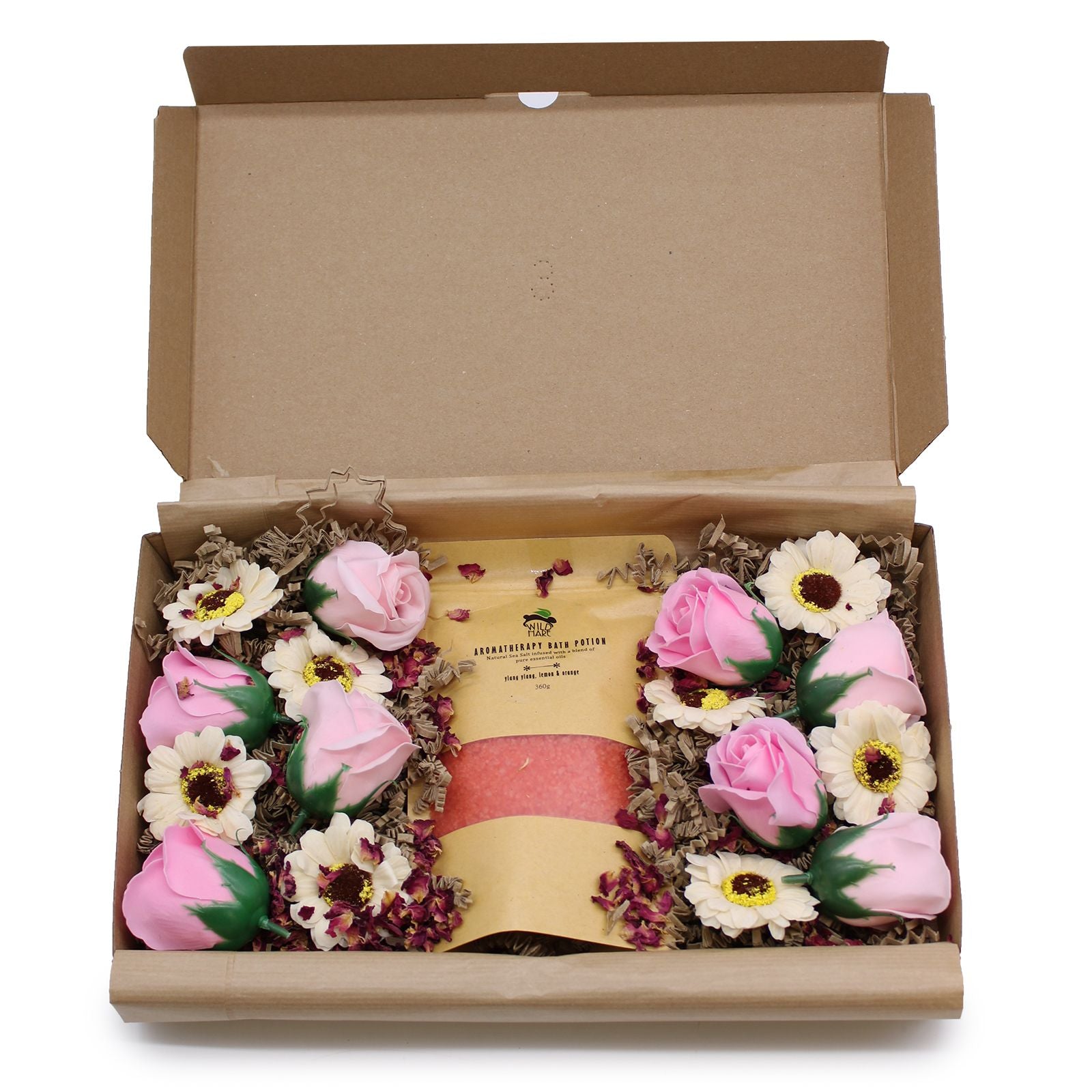 Ylang Ylang & Citrus Bath Salt Set presented beautifully in a gift box with soap roses and sunflowers, perfect for a luxurious spa experience – Christmas Gift Home Fragrance