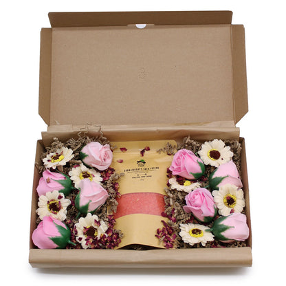Ylang Ylang & Citrus Bath Salt Set presented beautifully in a gift box with soap roses and sunflowers, perfect for a luxurious spa experience – Christmas Gift Home Fragrance