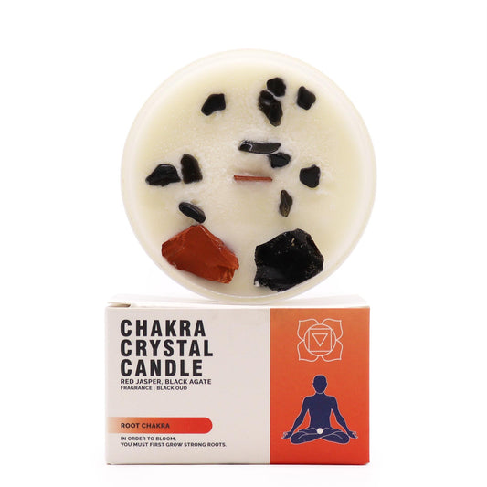 Root Chakra Crystal Candle - Black Oud Scent with Gemstones, featuring Red Jasper and Black Agate, perfect for creating a soothing ambience. This candle serves as a delightful Christmas Gift Home Fragrance.