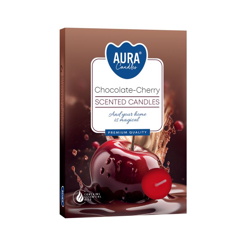 Scented Tealight Candles Set of 6 - Chocolate & Sour Cherry in premium packaging, showcasing the delightful aroma of chocolate and sour cherry, perfect as a Christmas gift for home fragrance lovers.