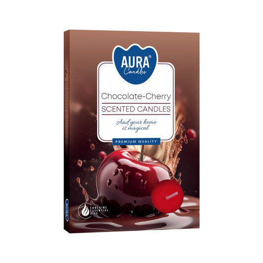 Scented Tealight Candles Set of 6 - Chocolate & Sour Cherry in premium packaging, showcasing the delightful aroma of chocolate and sour cherry, perfect as a Christmas gift for home fragrance lovers.