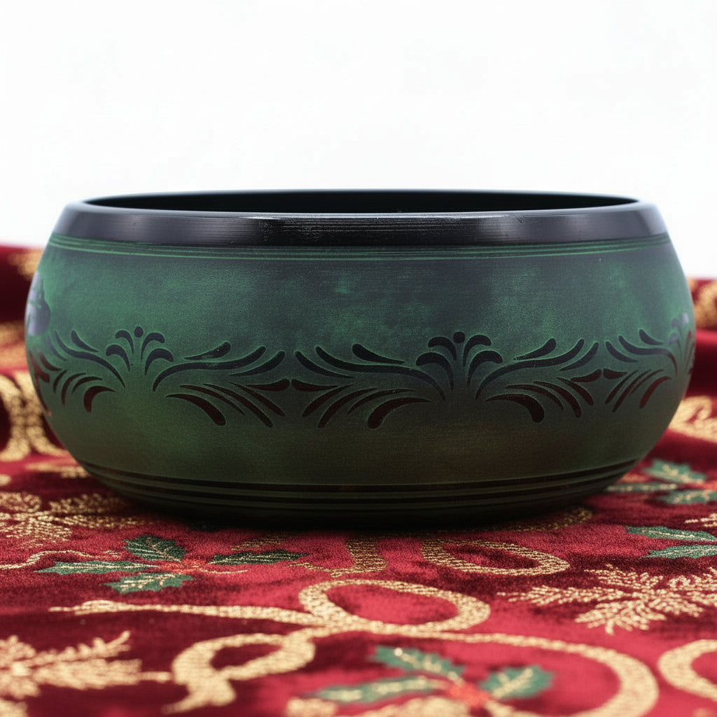Close-up of the Moss Green Extra Loud Mushroom Singing Bowl – 23cm showcasing its detailed carvings. A great choice for a {{scent}} {{product_type}} – Christmas Gift Home Fragrance that elevates any space.
