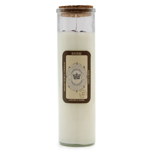 Magic Spell Candle with Amethyst & Lavender Fennel â€“ 50 Hour Burn in a glass holder, designed for success, offering a soothing lavender and fennel scent. This scented candle makes a great Christmas Gift Home Fragrance.