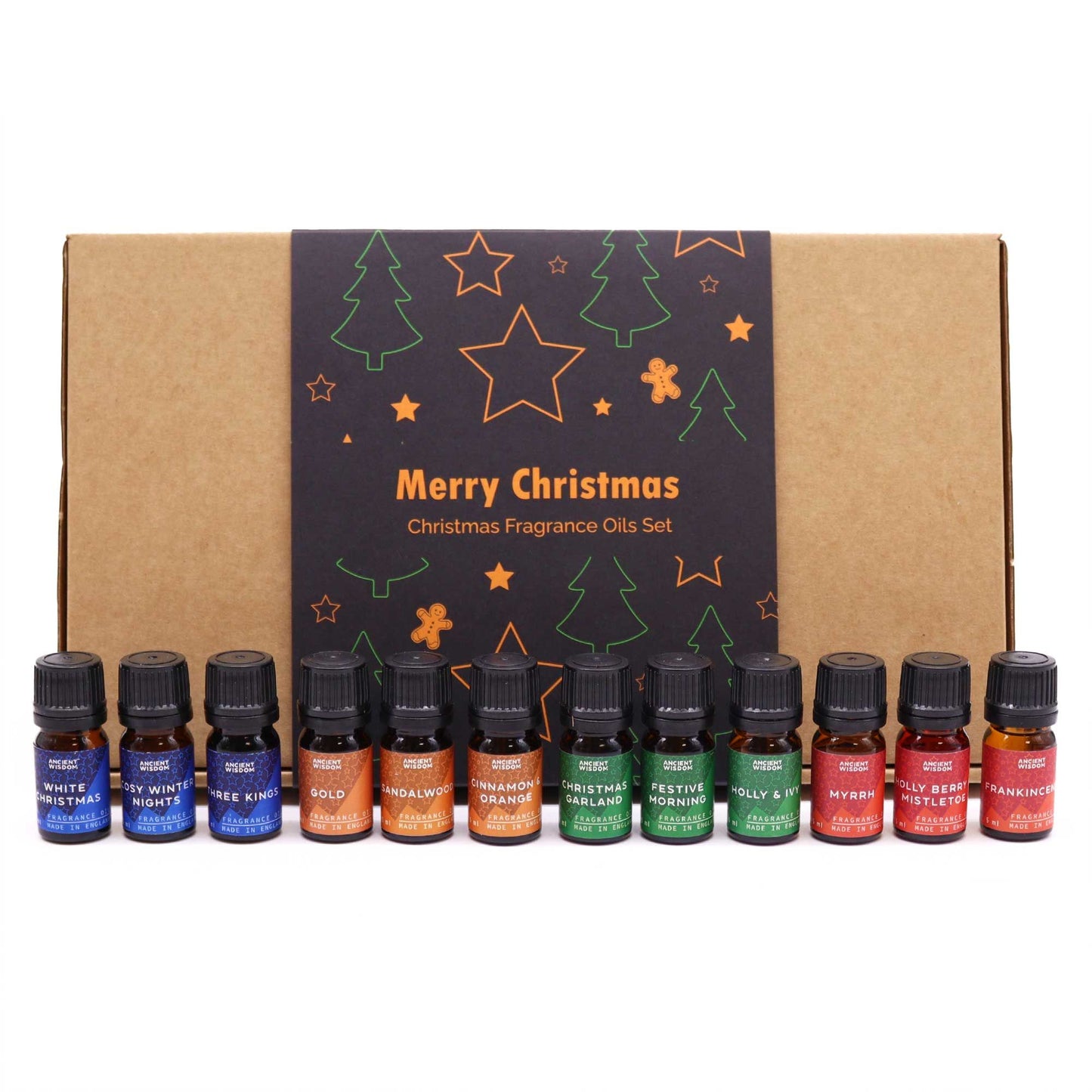 A close-up of Holy Scents Christmas Fragrance Oils showcasing festive blends like White Christmas and Cinnamon & Orange.