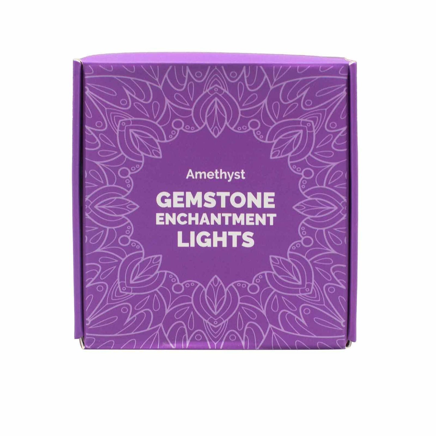 Close-up of the Amethyst Gemstone Enchantment LED String Lights box, featuring intricate design, suitable for gifting. A wonderful addition for festive decorations and home fragrance.
