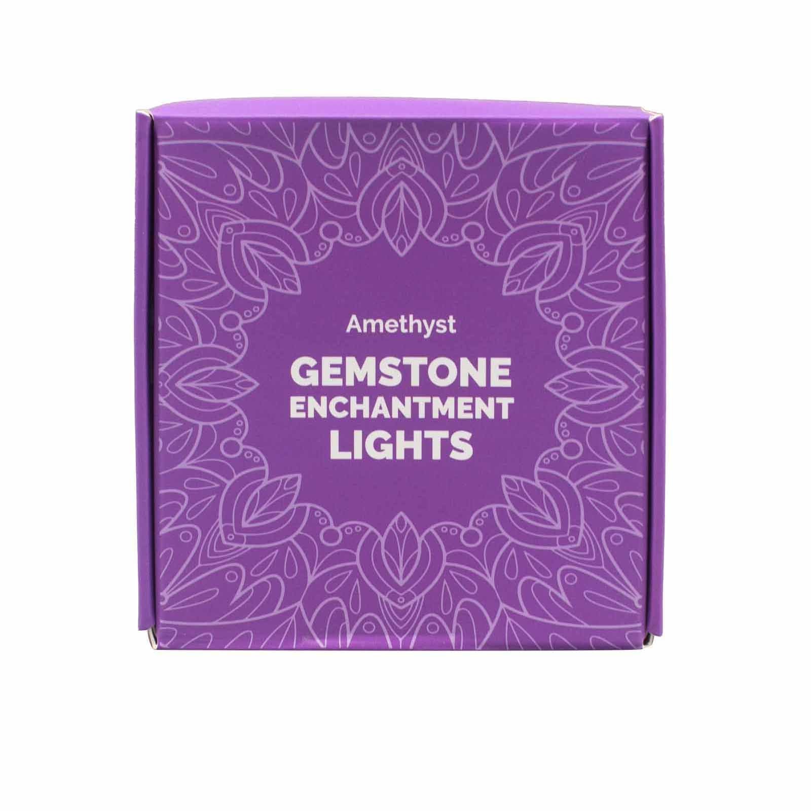 Close-up of the Amethyst Gemstone Enchantment LED String Lights box, featuring intricate design, suitable for gifting. A wonderful addition for festive decorations and home fragrance.
