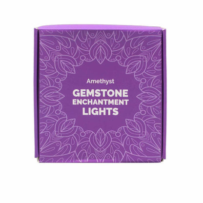 Close-up of the Amethyst Gemstone Enchantment LED String Lights box, featuring intricate design, suitable for gifting. A wonderful addition for festive decorations and home fragrance.
