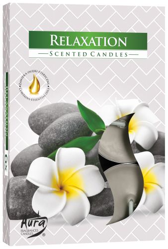 Set of 6 Relaxing Scented Tealights by Cake Pops Parties, with a sleek packaging design that includes soothing stone and floral imagery. Ideal for creating a serene atmosphere, these tealights are an excellent Christmas gift home fragrance.