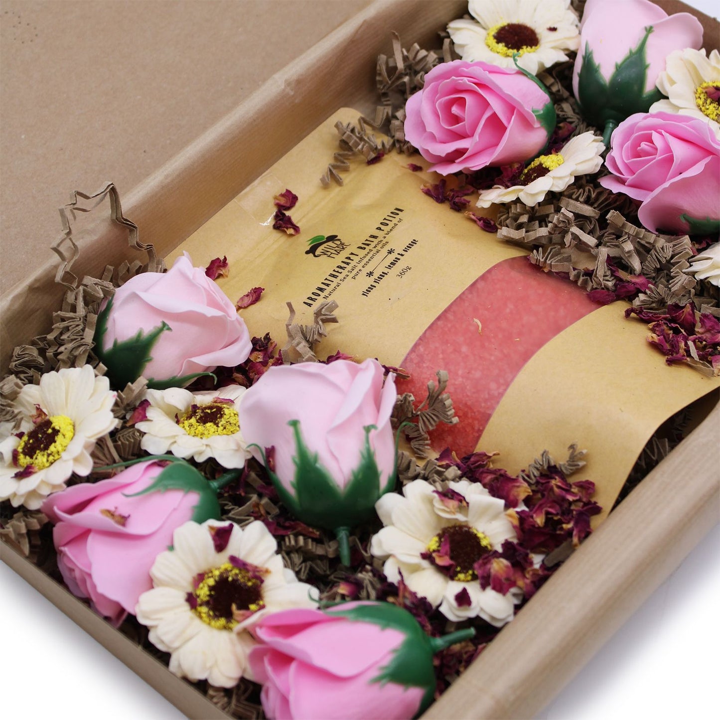 Close-up of Ylang Ylang & Citrus Bath Salt Set featuring vibrant soap flowers and bath salt in elegant packaging, ideal for a relaxing at-home spa – Christmas Gift Home Fragrance