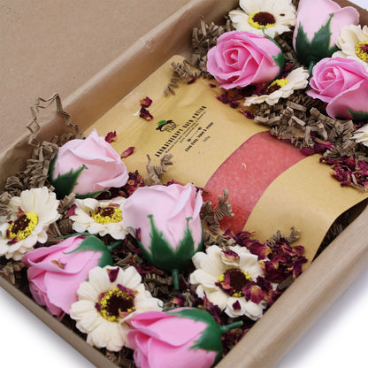 Close-up of Ylang Ylang & Citrus Bath Salt Set featuring vibrant soap flowers and bath salt in elegant packaging, ideal for a relaxing at-home spa – Christmas Gift Home Fragrance