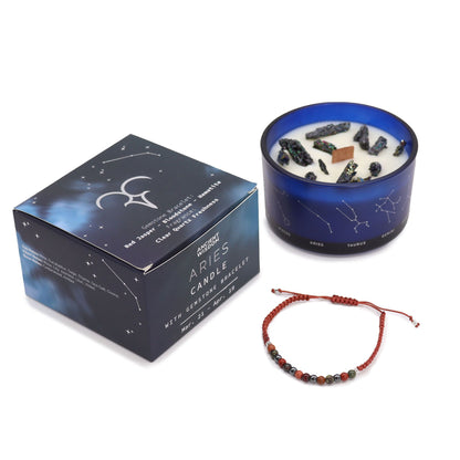 Zodiac Crystal Candle with Gemstone Bracelet - Aries in a beautifully arranged setting with its outer box. The invigorating scent of Clear Quartz Freshness makes it an ideal present for creating a warm atmosphere. A great choice for Christmas Gift Home Fragrance.