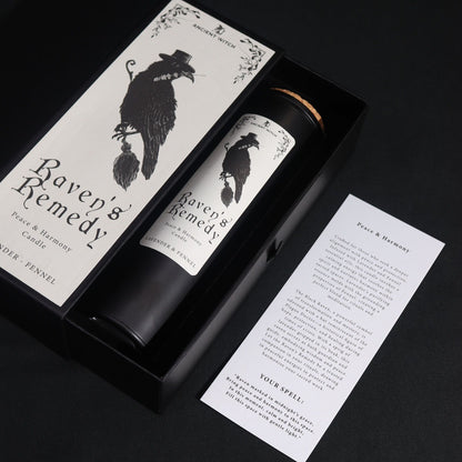 Lavender & Fennel Ritual Candle visible in its stylish packaging next to the guidance card, embodying soothing peace and harmony. Wonderful as a Christmas gift home fragrance.