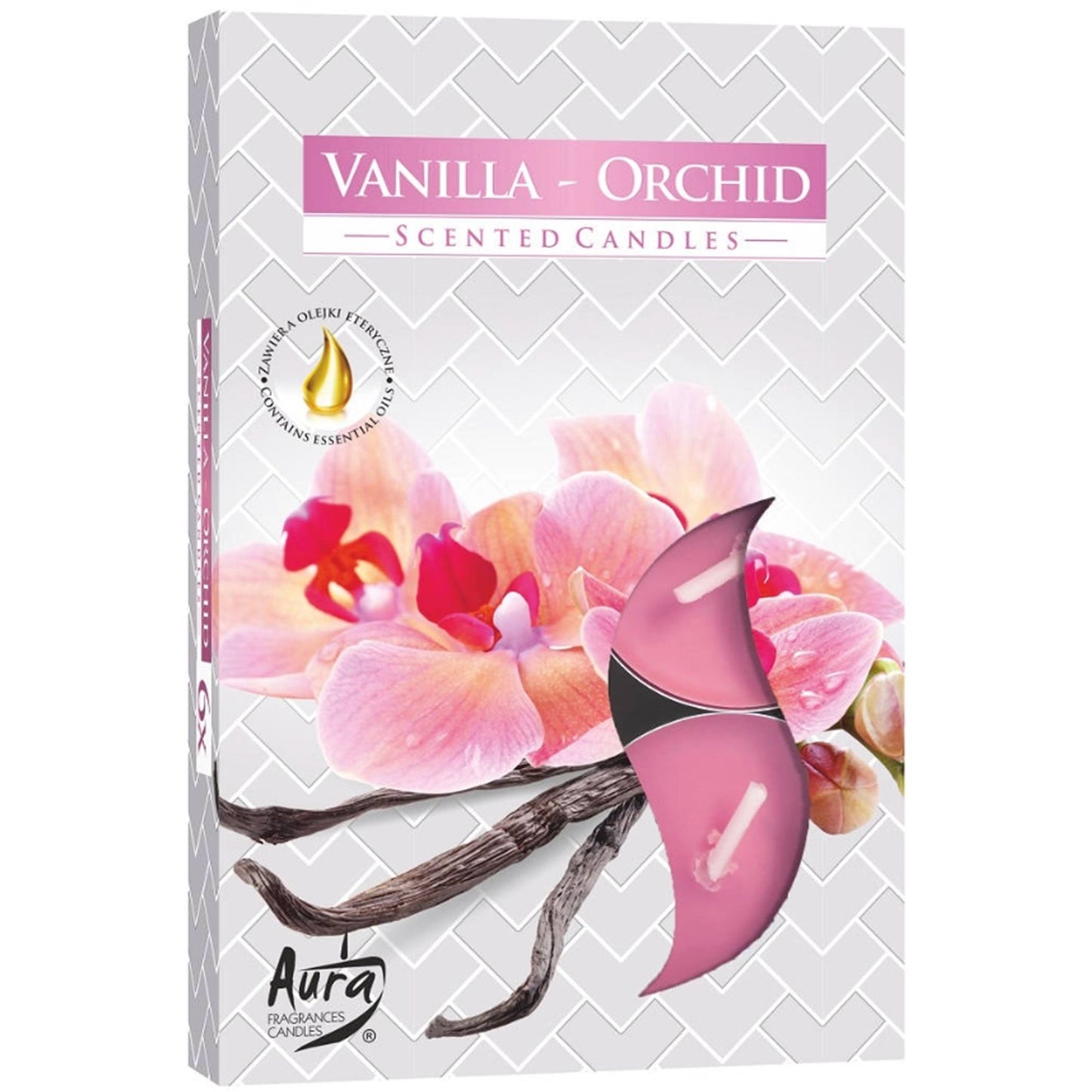 6 Scented Tealights - Vanilla & Orchid Aromas in stylish packaging featuring floral designs and tealights. Perfect for uplifting your space, this {{scent}} {{product_type}} makes a wonderful Christmas gift home fragrance.