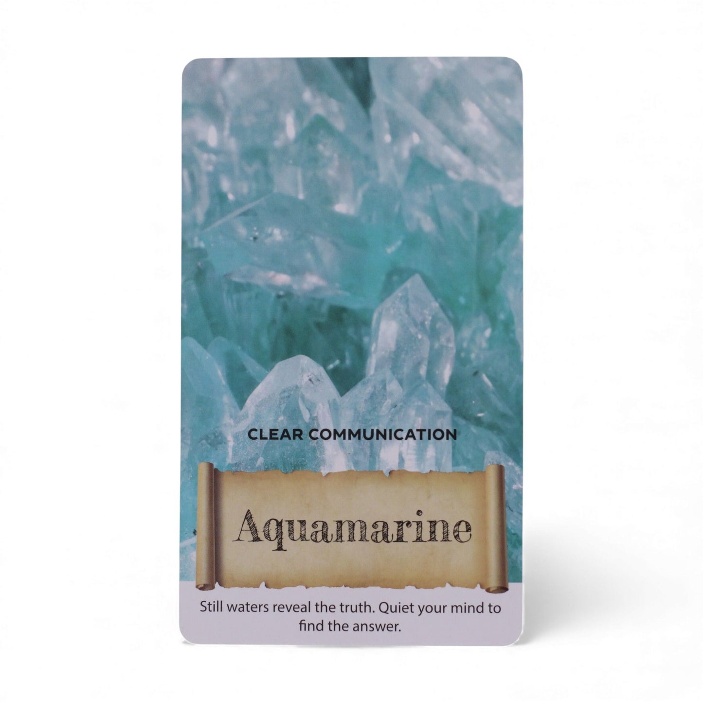 Aquamarine card from the Crystals & Elixirs Oracle Cards deck, showcasing beautiful aqua crystals, symbolising clarity and communication. Ideal {{scent}} {{product_type}} – Christmas Gift Home Fragrance.