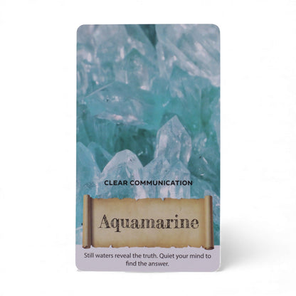 Aquamarine card from the Crystals & Elixirs Oracle Cards deck, showcasing beautiful aqua crystals, symbolising clarity and communication. Ideal {{scent}} {{product_type}} – Christmas Gift Home Fragrance.