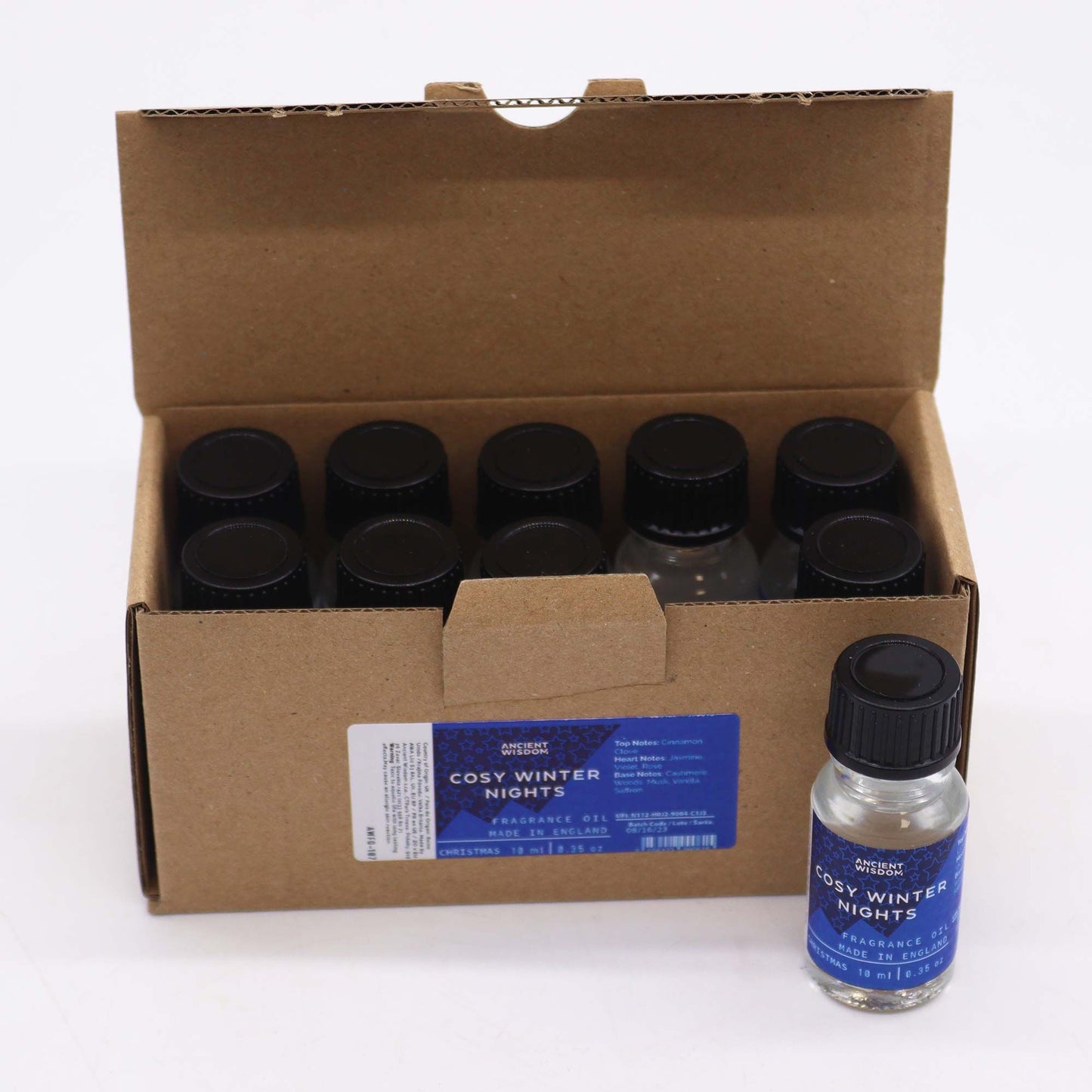 Box of Cosy Winter Nights Essential Oil 10ml bottles ready for distribution, showcasing its festive fragrance ideal for Christmas gifts or stocking fillers. This aromatic blend features winter spice notes perfect for home fragrance, pamper packs, and enriching your aromatherapy experience with the scents of cinnamon orange, frankincense myrrh, and white Christmas.