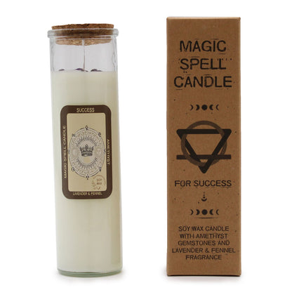 Magic Spell Candle with Amethyst & Lavender Fennel – 50 Hour Burn, displayed with its eco-friendly packaging, offering scents of success as a great Christmas Gift Home Fragrance.