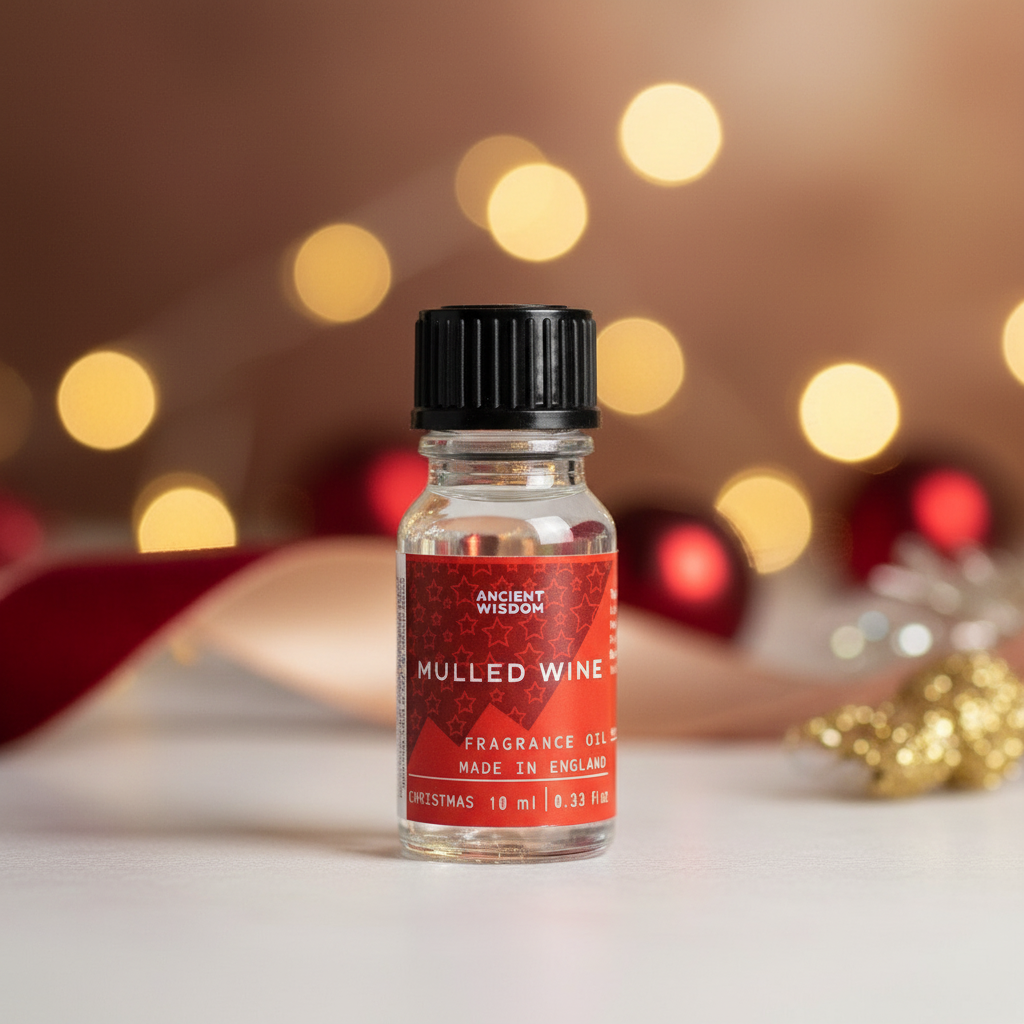 Mulled Wine Fragrance Oil bottle with festive elements, an essential winter fragrance oil for enhancing holiday cheer.
