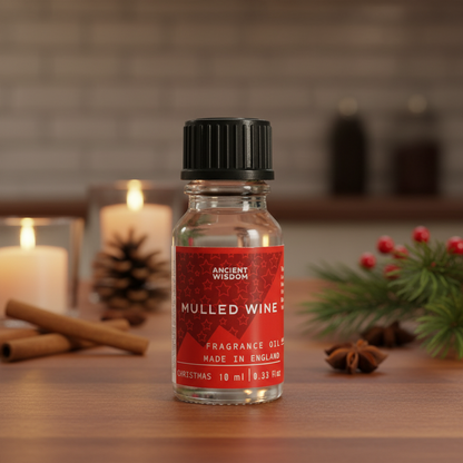 Aesthetic image of Mulled Wine Fragrance Oil 10ml, showcasing its rich aroma, ideal for winter fragrance oil enthusiasts.