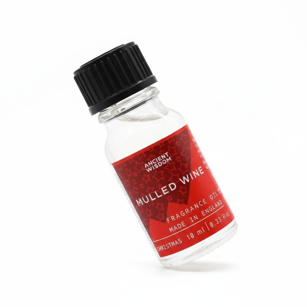Mulled Wine Fragrance Oil 10ml on a festive background, embodying the warm scents of winter fragrance oil for comfort and joy.