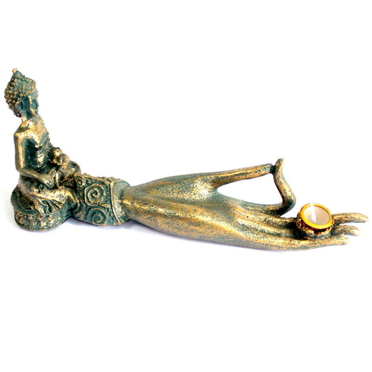 Antique Buddha Hand Incense Burner â€“ Zen Decor for Homes showcasing a beautifully detailed Buddha seated on a hand-shaped incense holder, perfect for creating a calming atmosphere {{scent}} {{product_type}} â€“ Christmas Gift Home Fragrance.