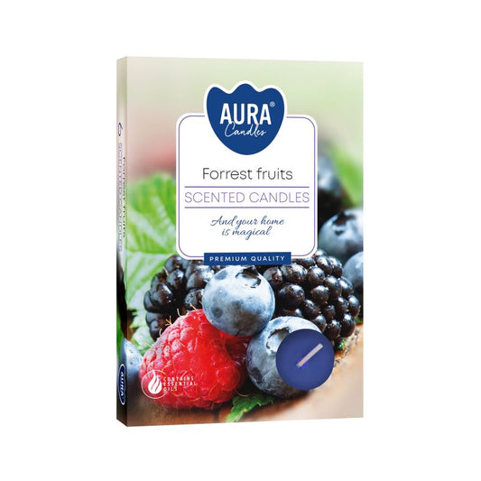 Set of 6 Forest Fruits Scented Tealights for Relaxation showcased in premium packaging, featuring blackberries and raspberries, perfect for elevating your home ambience. Enjoy this delightful scent as a Christmas Gift Home Fragrance.