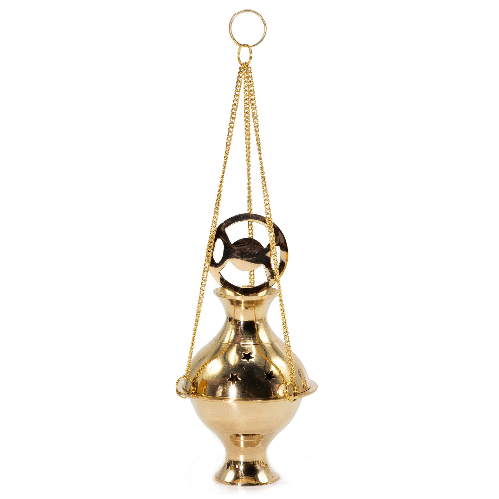 Elegant Hanging Brass Incense Burner With Three Phase Moon Design, perfect for enhancing your spiritual rituals. Ideal for creating a serene atmosphere, this unique incense burner makes a great Christmas Gift Home Fragrance for those who appreciate mindfulness.