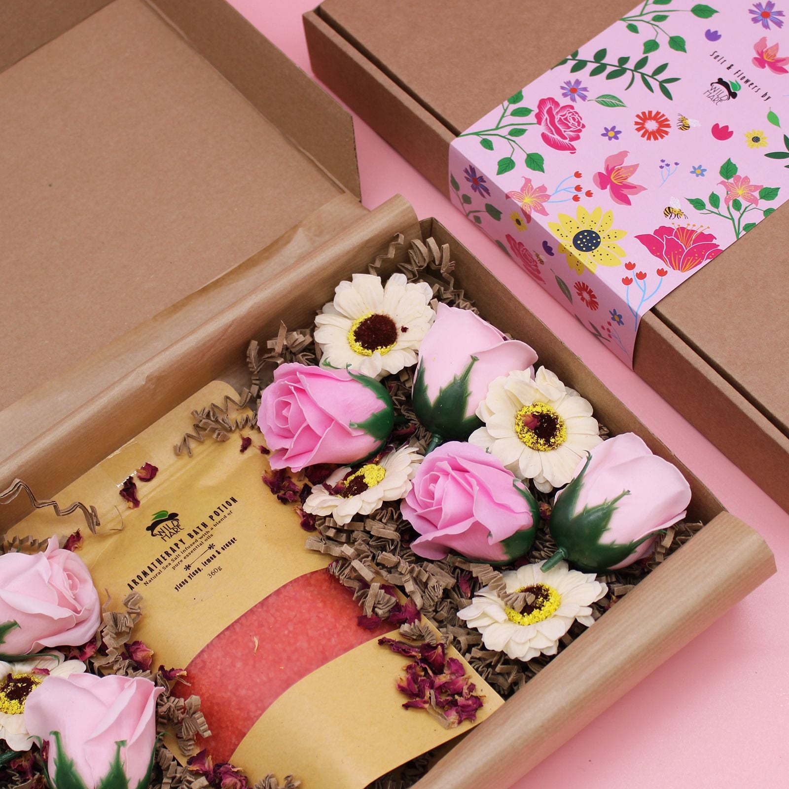 Ylang Ylang & Citrus Bath Salt Set in a floral themed gift box surrounded by delicate soap roses and sunflowers, designed for a unique self-care ritual – Christmas Gift Home Fragrance