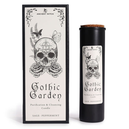 Gothic Garden Candle – Sage & Peppermint for Cleansing Rituals, elegantly packaged with skull and rose motifs, perfect for enhancing your home fragrance during the festive season, ideal as a Christmas gift.