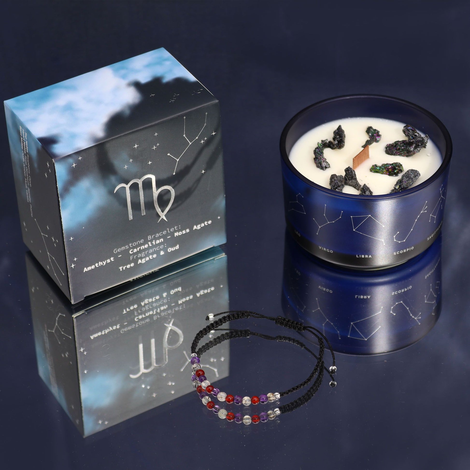 Zodiac Crystal Candle with Gemstone Bracelet - Virgo showcasing a beautifully designed candle with Tree Agate and Oud scent accompanied by a gemstone bracelet. This soothing candle set makes a perfect Christmas Gift for Home Fragrance lovers.