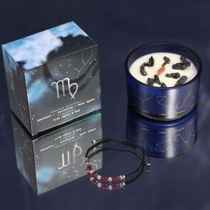 Zodiac Crystal Candle with Gemstone Bracelet - Virgo showcasing a beautifully designed candle with Tree Agate and Oud scent accompanied by a gemstone bracelet. This soothing candle set makes a perfect Christmas Gift for Home Fragrance lovers.