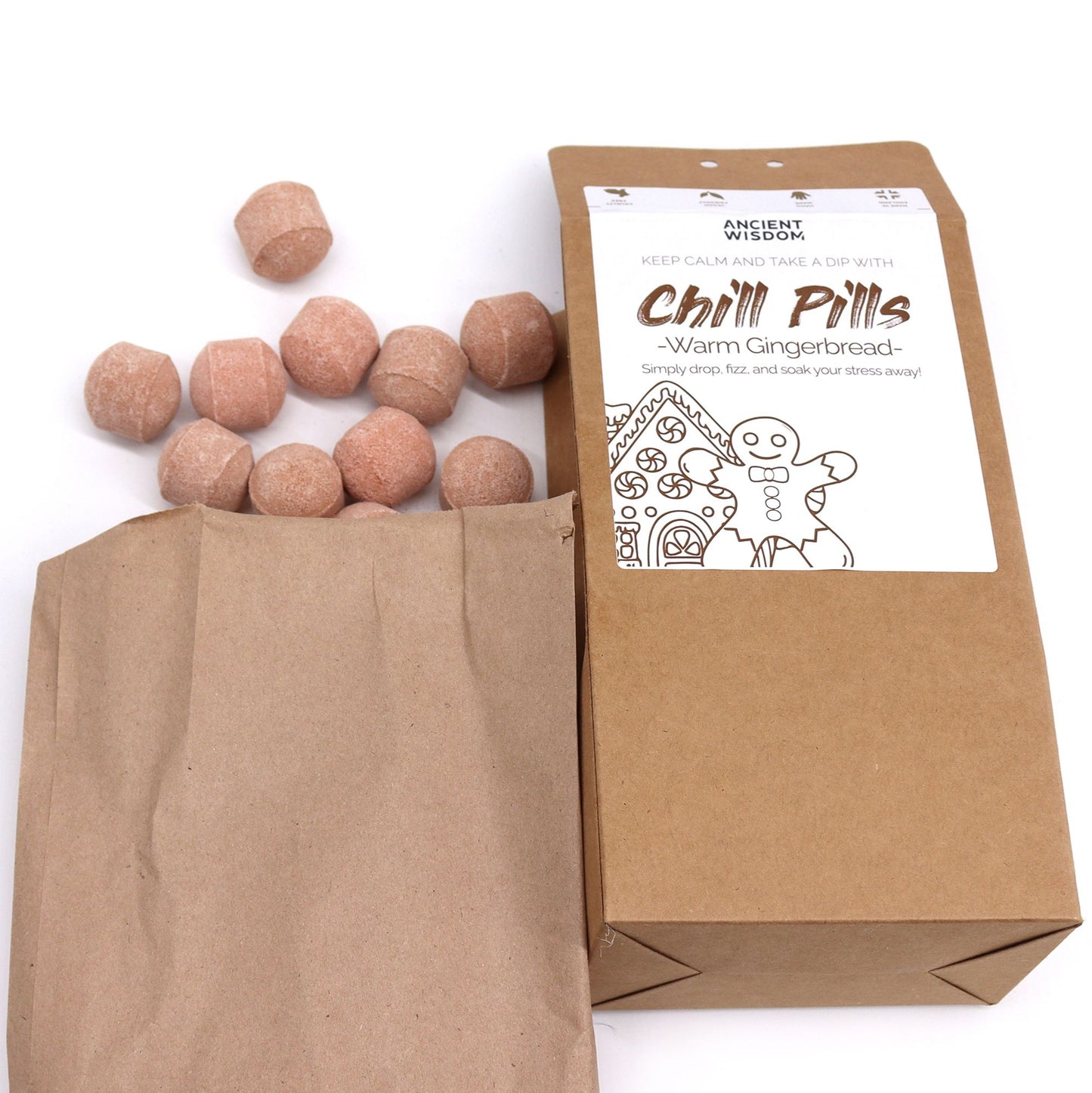 Open packaging of Warm Gingerbread Christmas Gift containing Festive Bath Bombs, showcasing the relaxing mini bath bombs perfect for a cosy atmosphere this holiday season. Warm Gingerbread bath bombs – Christmas Gift Home Fragrance.