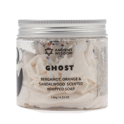 Ghost Whipped Soap 120g in a clear jar featuring luxurious whipped texture, infused with a festive bergamot, orange, and sandalwood scent – perfect as a Christmas Gift Home Fragrance.