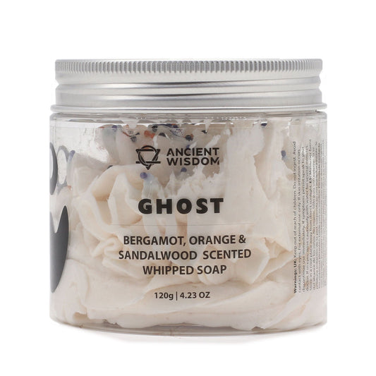 Ghost Whipped Soap 120g in a clear jar featuring luxurious whipped texture, infused with a festive bergamot, orange, and sandalwood scent – perfect as a Christmas Gift Home Fragrance.