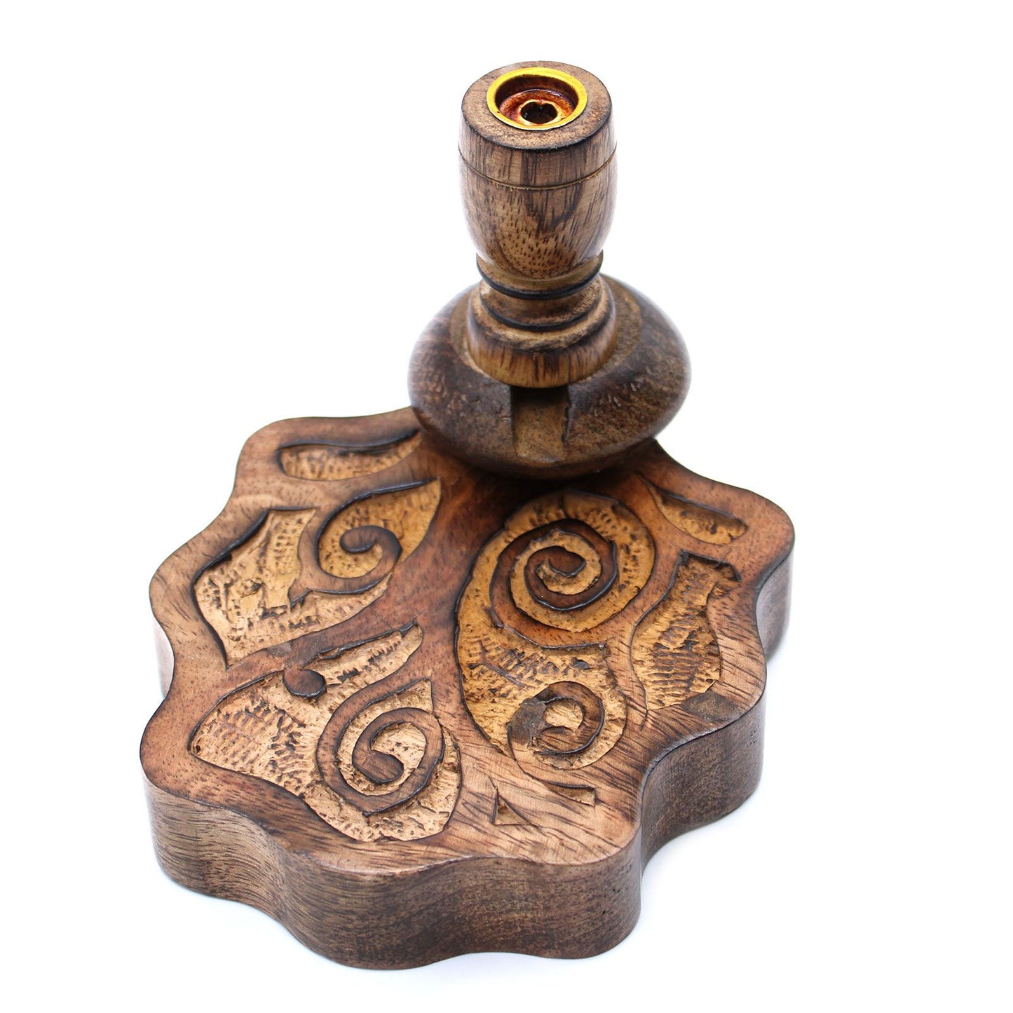 Close-up of the Sm Mango Wood Backflow Burner - Tree of Life, highlighting the detailed woodwork and elegant form. This unique product is perfect as a Christmas gift, promoting a soothing scent in your home fragrance collection.